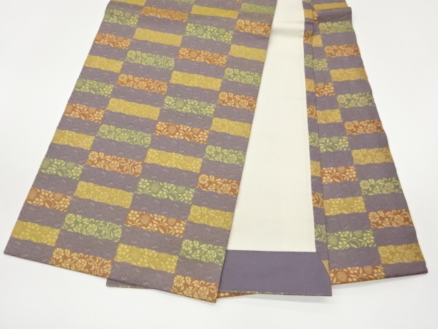  あらいそ製　縞・横段に青海波・花葉模様織出し開き名古屋帯（額縁仕立て）